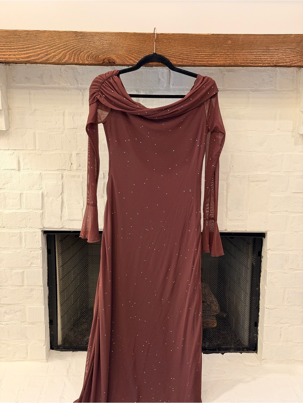 Elegant Rust Long-Sleeve Evening Dress with Draped Neckline
